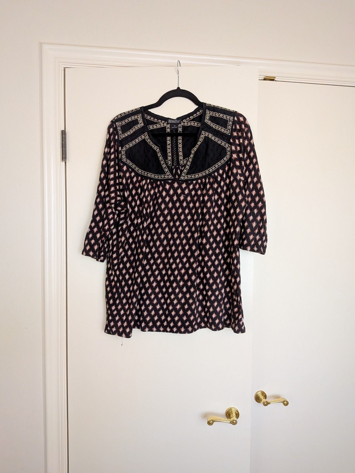 Lucky Brand Embroidered V-Neck Geometric Print Popover Tunic Top Size 2X 2