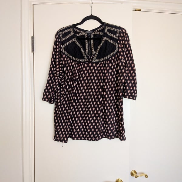 Lucky Brand Embroidered V-Neck Geometric Print Popover Tunic Top Size 2X
