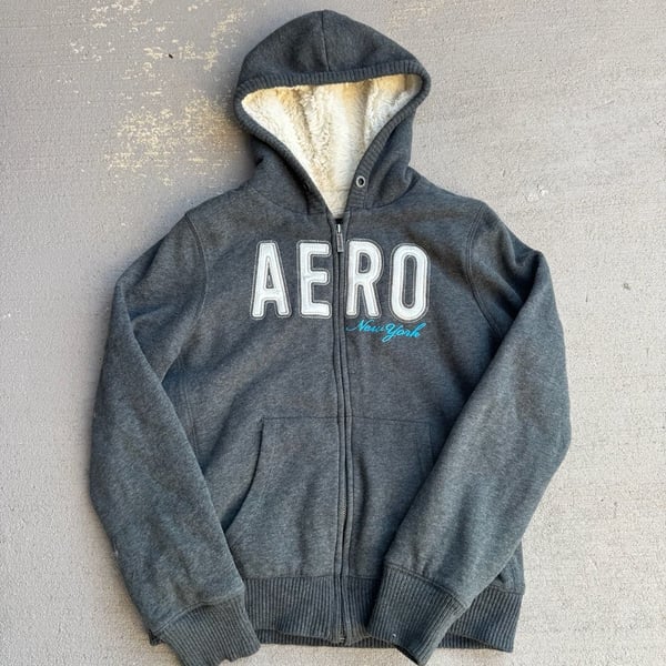 Aeropostale Vintage Y2K Gray Sherpa Lined Full Zip Up Hoodie Size L