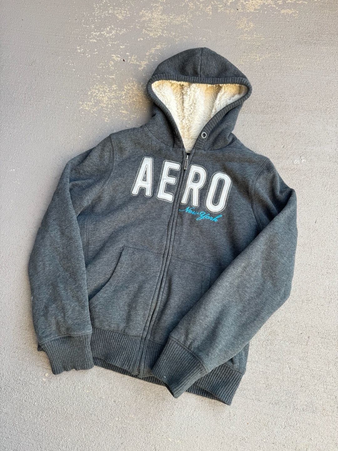 Aeropostale Vintage Y2K Gray Sherpa Lined Full Zip Up Hoodie Size L 3