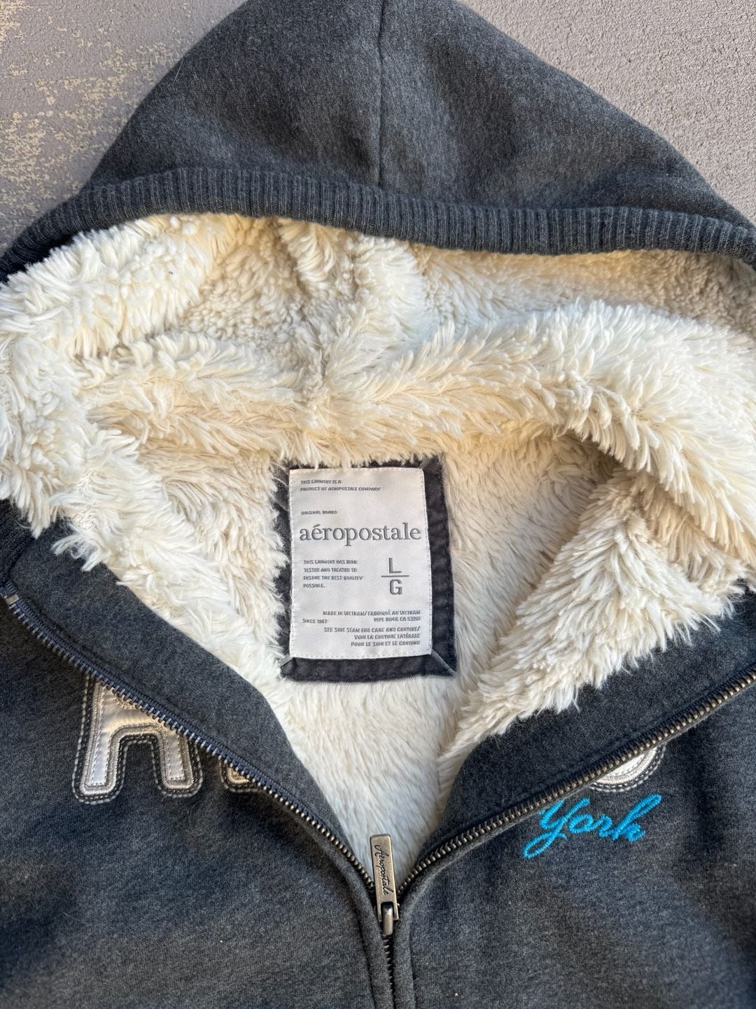 Aeropostale Vintage Y2K Gray Sherpa Lined Full Zip Up Hoodie Size L 4