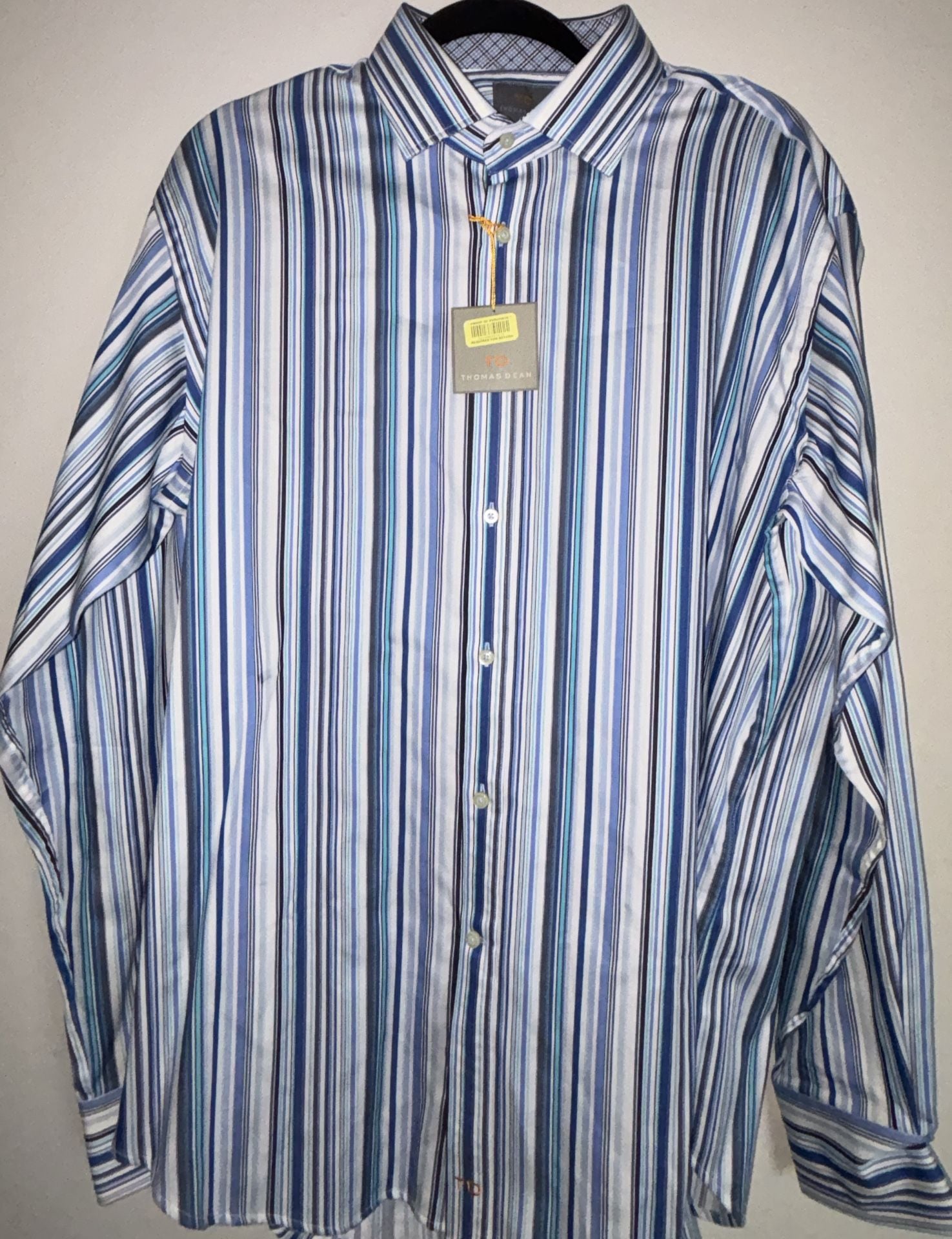 Thomas Dean Men's Blue White Stripe 100% Pima Cotton Long Sleeve Dress Shirt XL 1