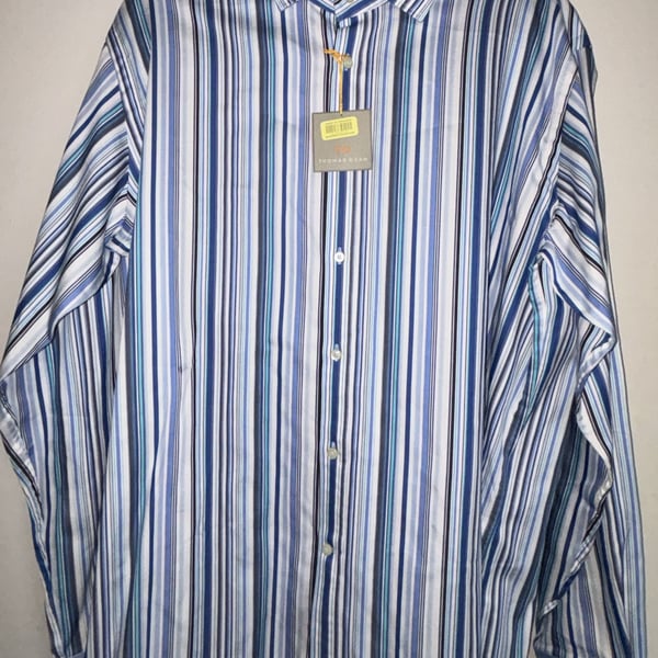 Thomas Dean Men's Blue White Stripe 100% Pima Cotton Long Sleeve Dress Shirt XL