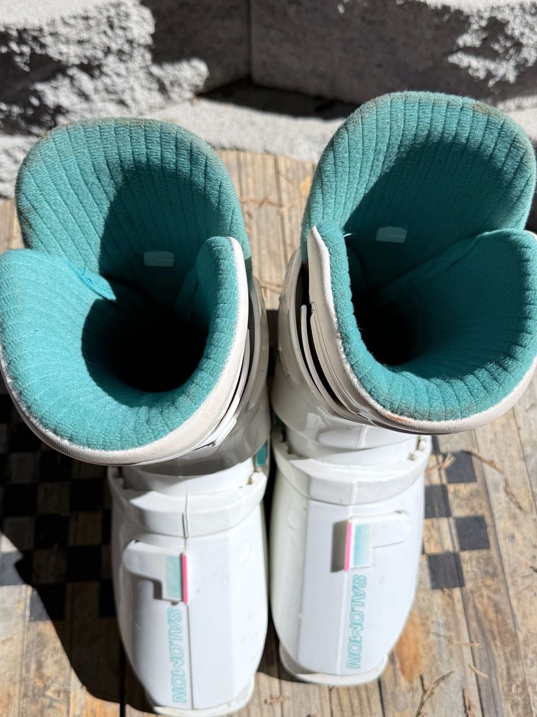 Vintage Salomon SX82 HPC Women's Rear Entry Ski Boots White Teal Size 300 7