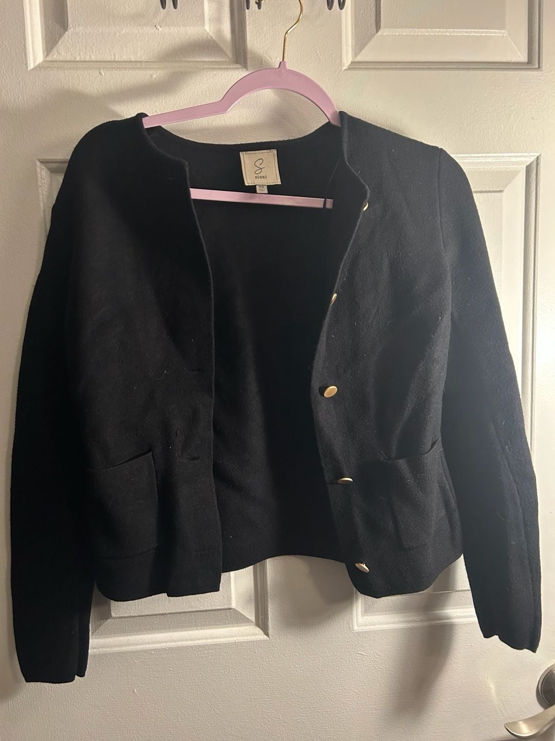 Sioni Black Crew Neck Button Up Cardigan Sweater with Patch Pockets Size XS 2