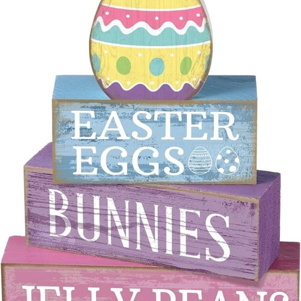 Afoxsos 4 pcs Easter Wooden Egg Tiered Tray Decor Set Pastel Farmhouse Centerpiece