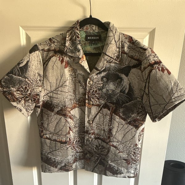 Reason Tapestry Camo Panther Print Short Sleeve Button Down Shirt