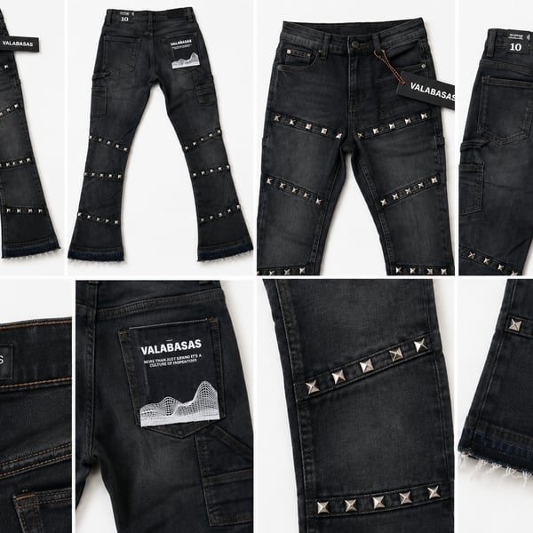 Valabasas Play Black Washed Studded Cargo Jeans Denim Pants