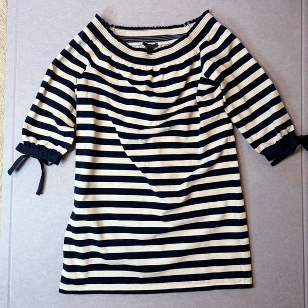 J.Crew Women’s G2664 Striped Off Shoulder Dress M Navy Ivory Bow Sleeve