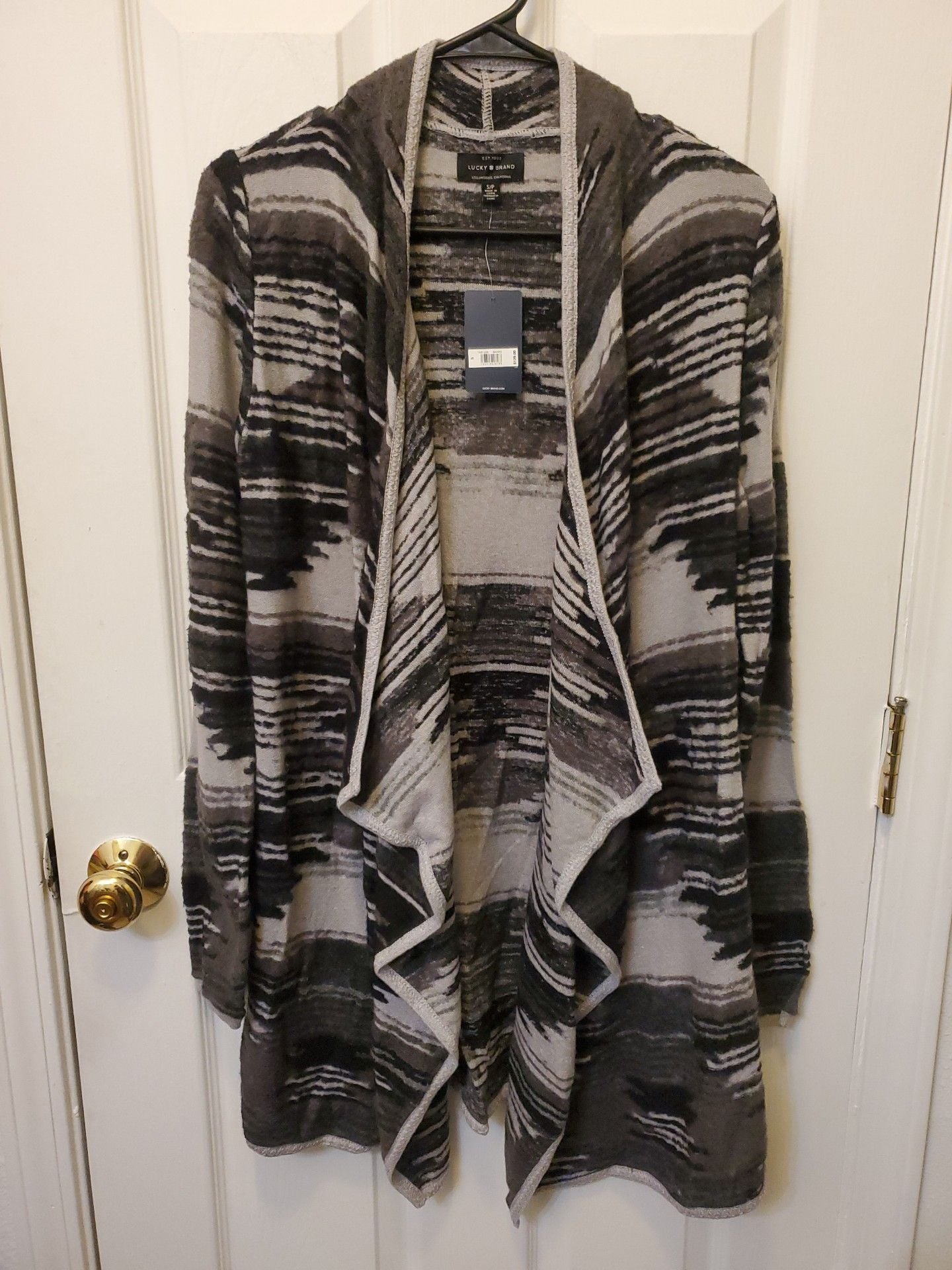 NWT Lucky Brand Aztec Drape Open Front Cardigan Sweater Small Black Gray Boho Southwestern 2