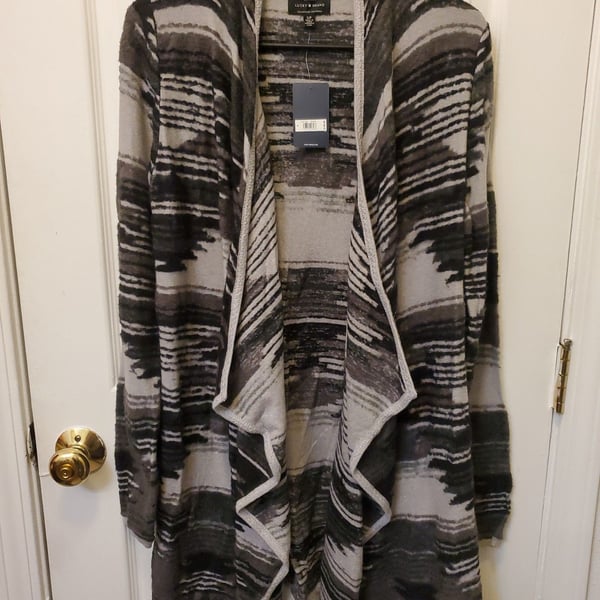 NWT Lucky Brand Aztec Drape Open Front Cardigan Sweater Small Black Gray Boho Southwestern