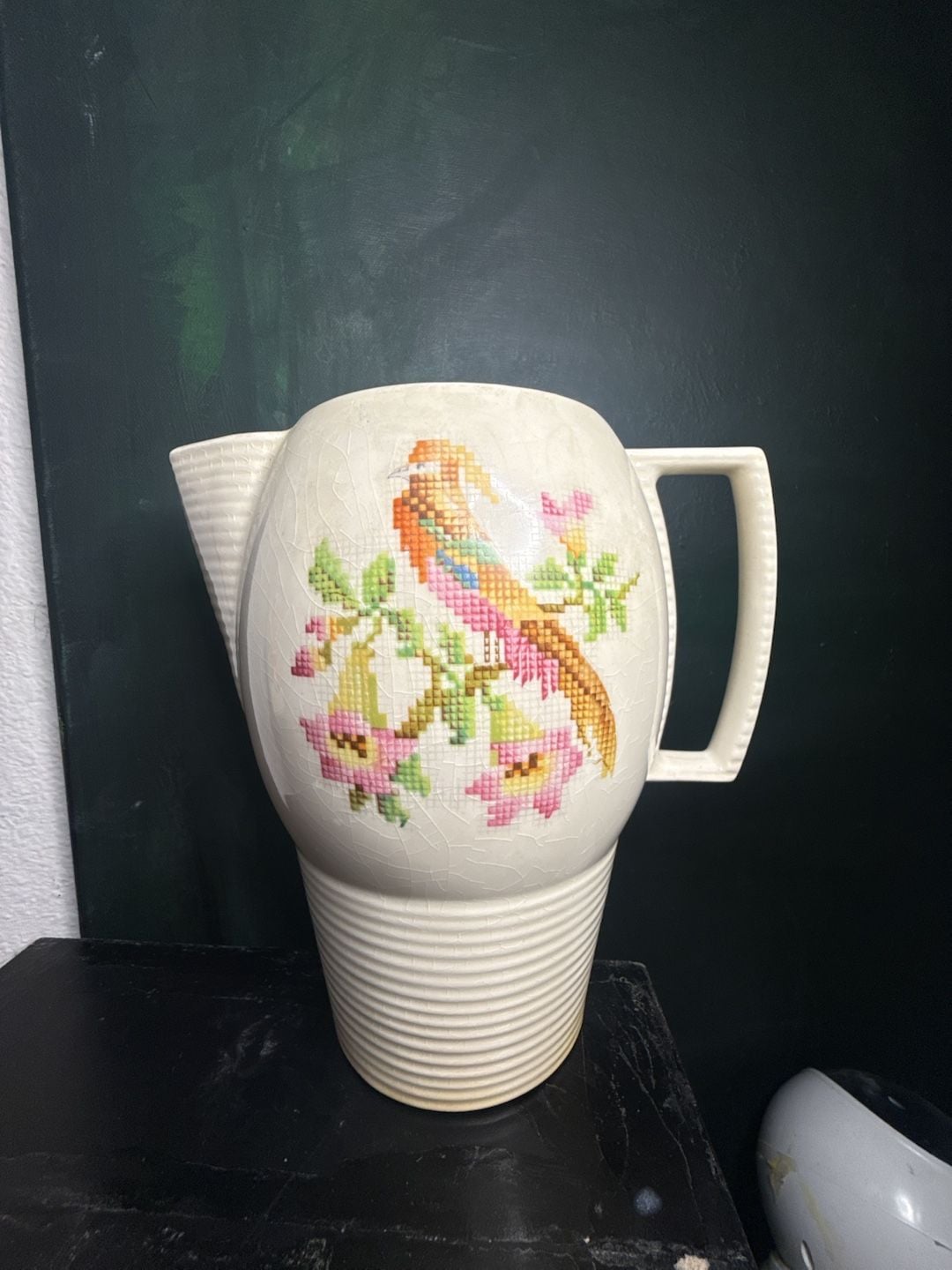 Vintage Leigh Ware Art Deco Cross-Stitch Bird Pitcher 1