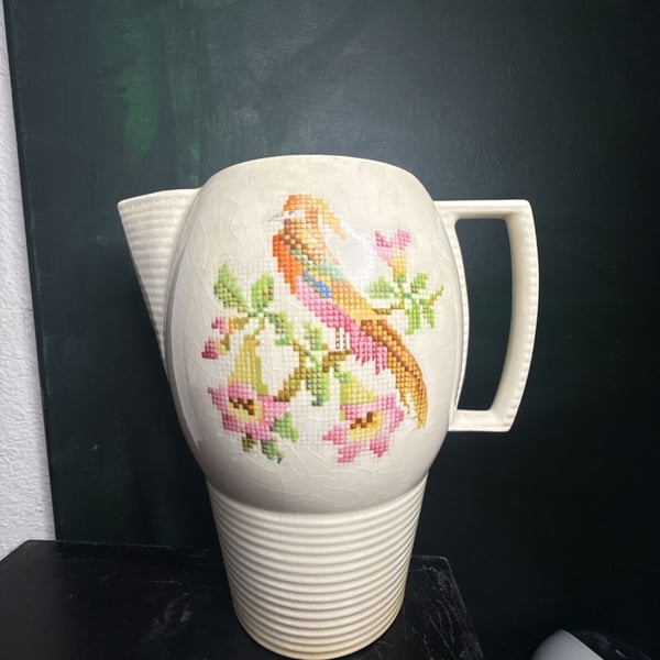 Vintage Leigh Ware Art Deco Cross-Stitch Bird Pitcher