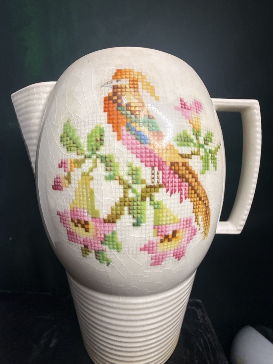 Vintage Leigh Ware Art Deco Cross-Stitch Bird Pitcher 2