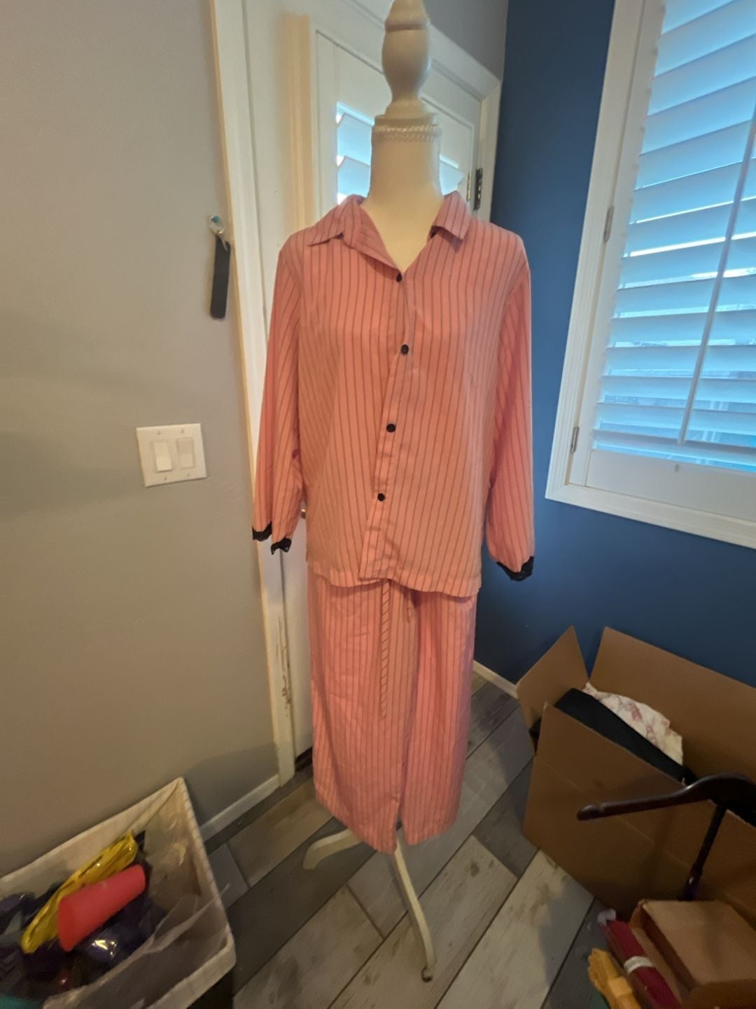 Cruz Vintage Pink Striped Pajama Set with Black Lace Trim 1