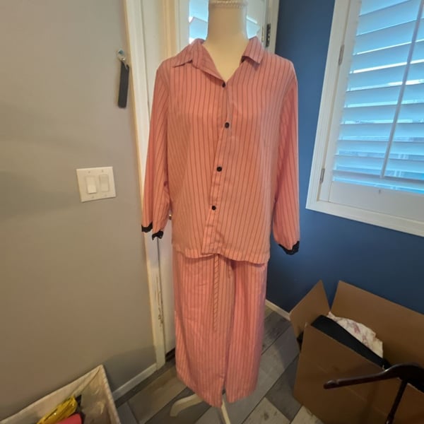 Cruz Vintage Pink Striped Pajama Set with Black Lace Trim