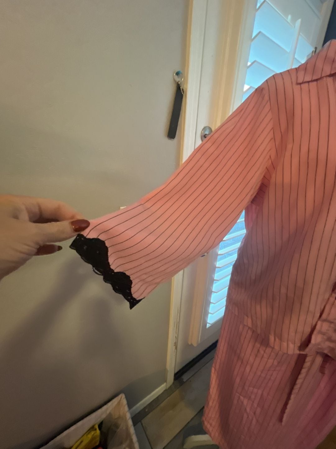 Cruz Vintage Pink Striped Pajama Set with Black Lace Trim 2