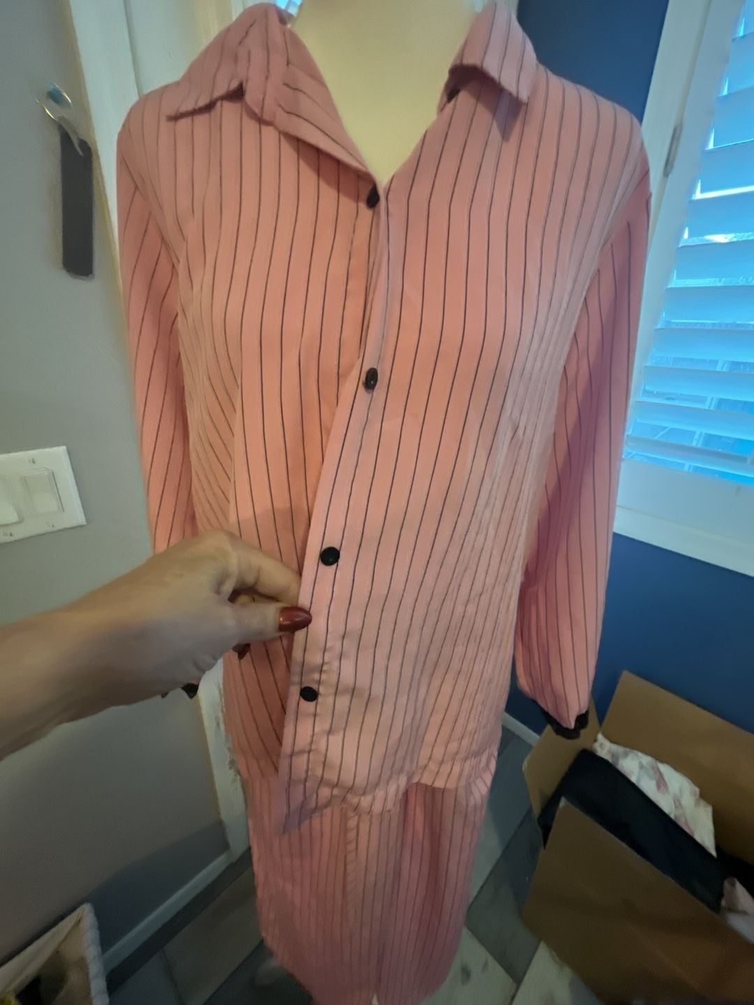 Cruz Vintage Pink Striped Pajama Set with Black Lace Trim 3