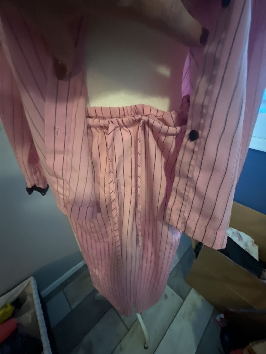 Cruz Vintage Pink Striped Pajama Set with Black Lace Trim 4