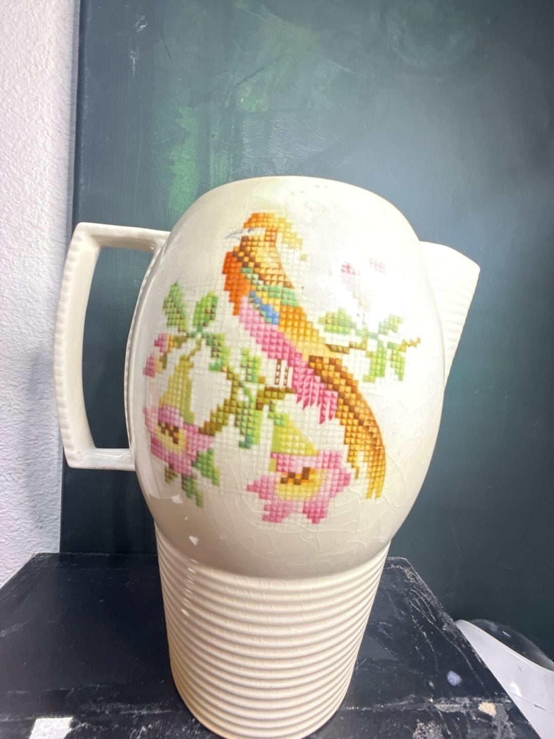 Vintage Leigh Ware Art Deco Cross-Stitch Bird Pitcher 6