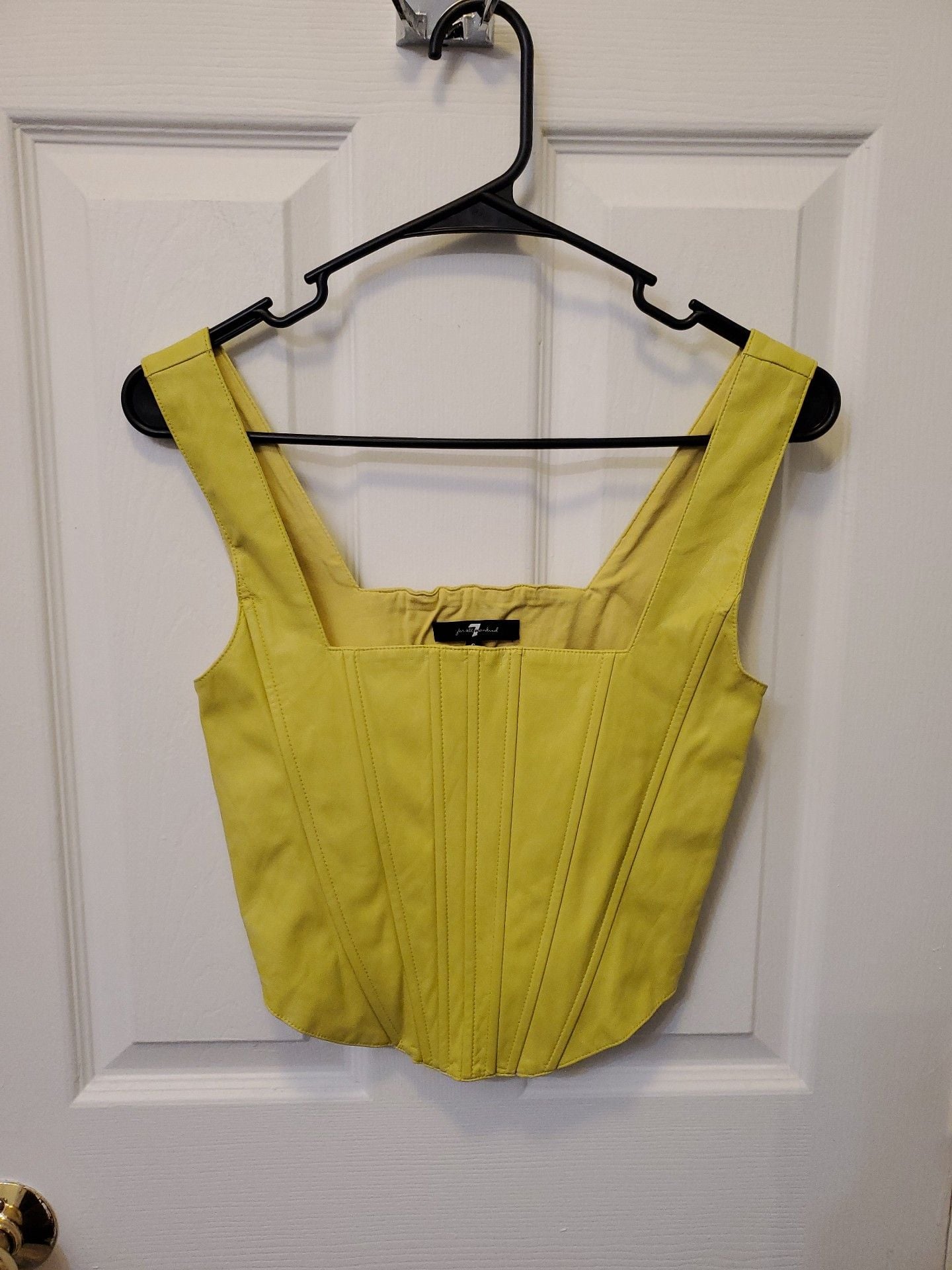 7 For All Mankind Lime Yellow Faux Leather Corset Top Structured Size S 2
