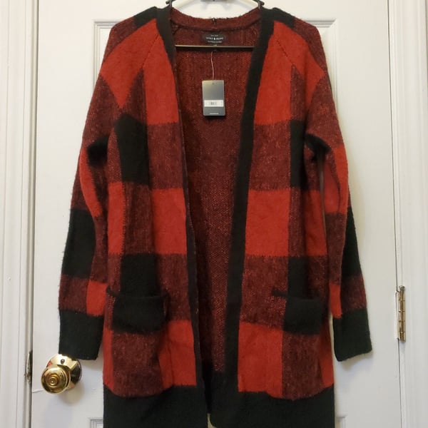 NWT Lucky Brand Buffalo Plaid Cardigan Sweater Red Black Wool Blend S