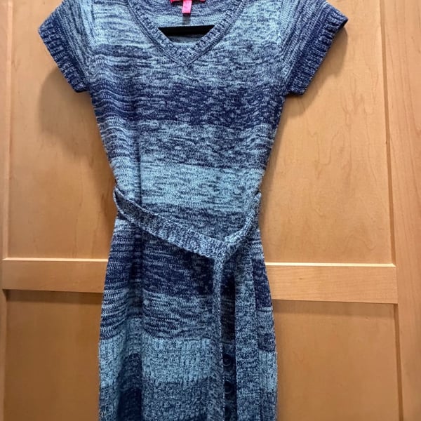 Cherry Mix Blue Space Dye Short Sleeve Knit Dress with Belt and Button Details Medium