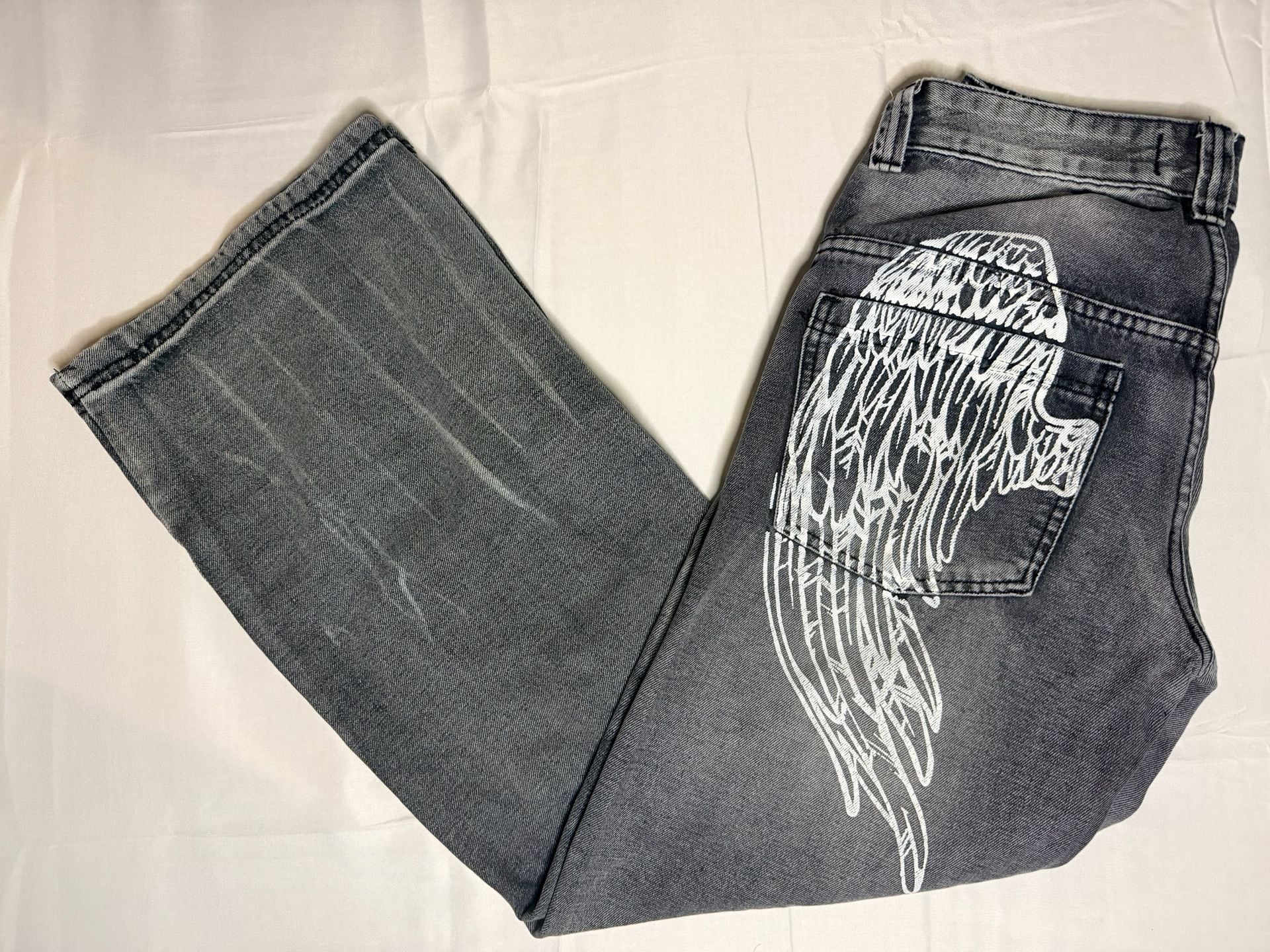 Disclosure Black Wash Wing Printed Low Rise Wide Leg Jeans Size 25 2