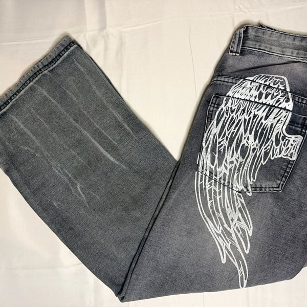 Disclosure Black Wash Wing Printed Low Rise Wide Leg Jeans Size 25