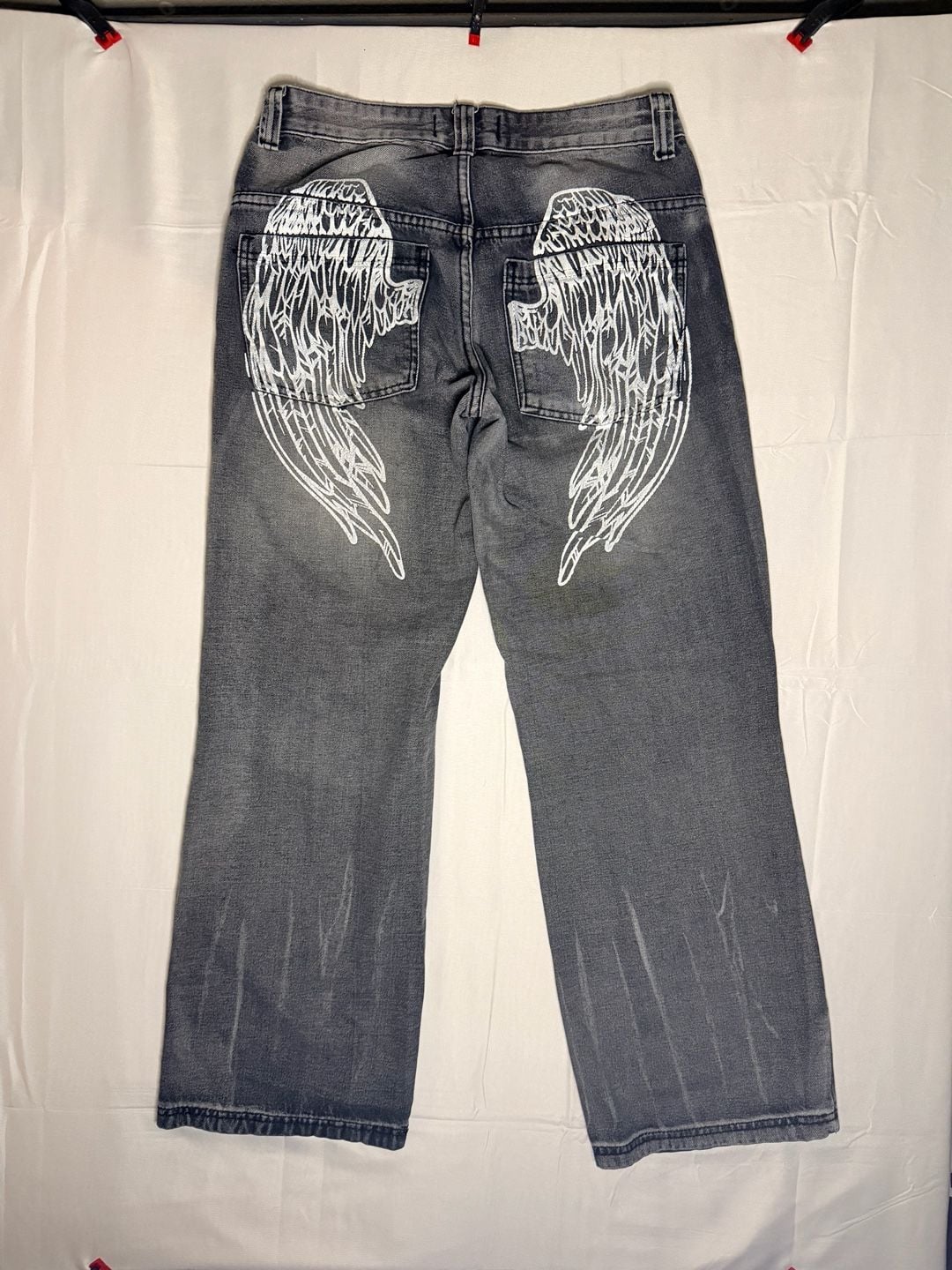 Disclosure Black Wash Wing Printed Low Rise Wide Leg Jeans Size 25 8