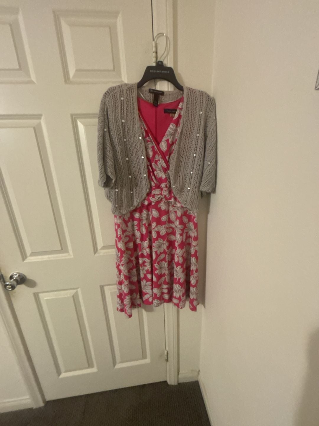 Tommy Hilfiger XL Women's Hot Pink Floral V-Neck Fit and Flare Dress & I-N-C silver sparkle shrug XL. 2