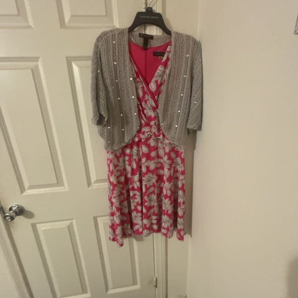 Tommy Hilfiger XL Women's Hot Pink Floral V-Neck Fit and Flare Dress & I-N-C silver sparkle shrug XL.