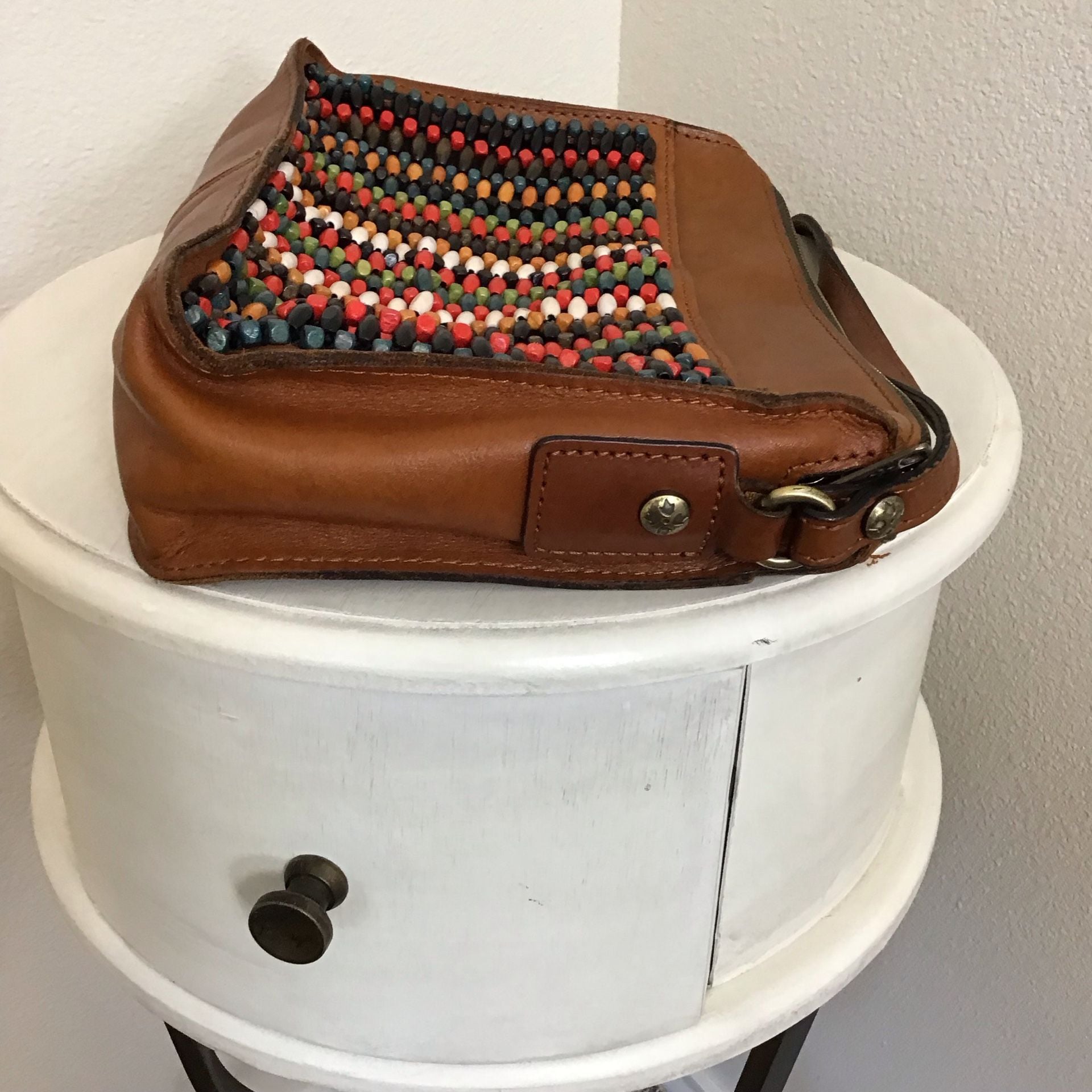 Patricia Nash Leather with Bright Wooden Bead Front Top Zip Crossbody Bag 12