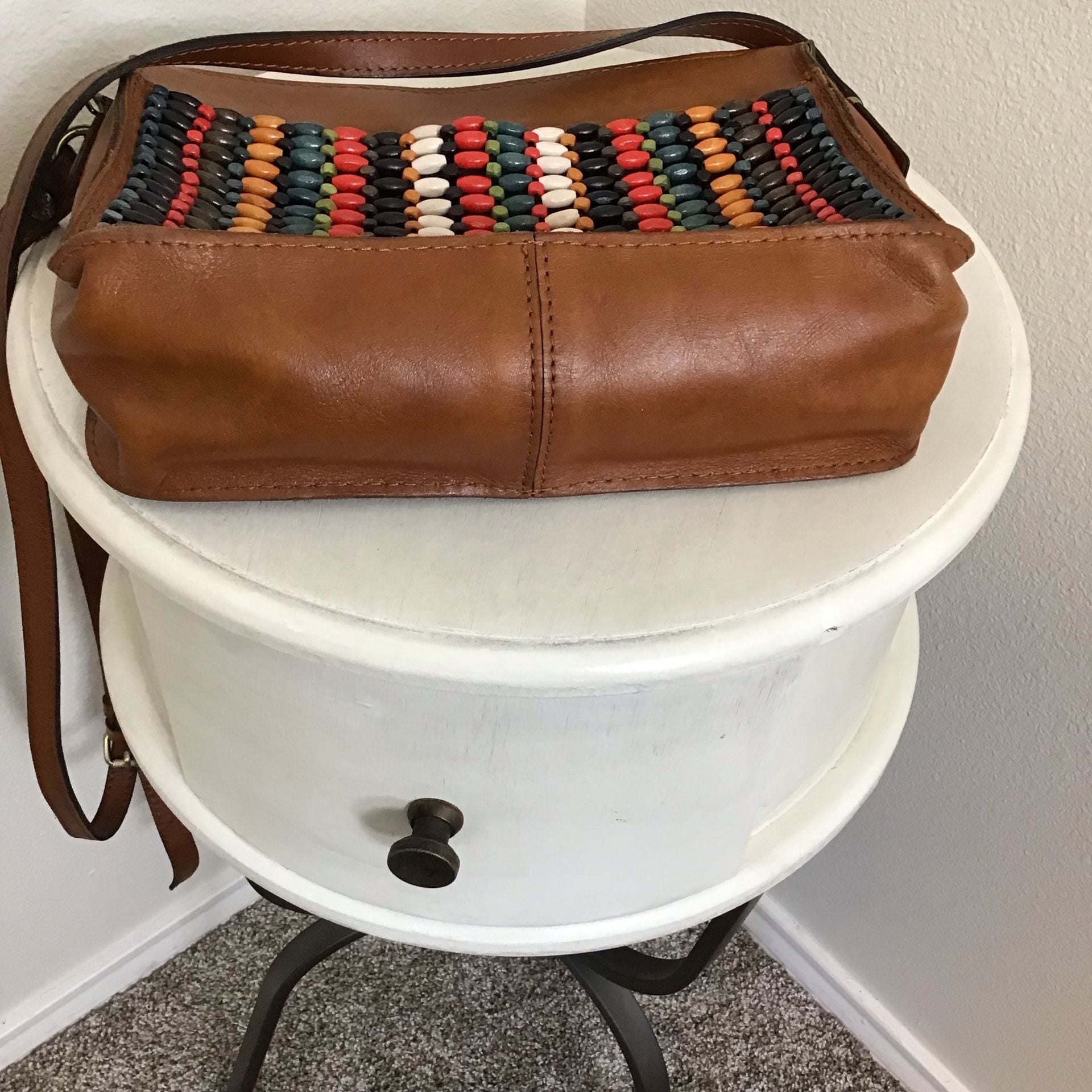 Patricia Nash Leather with Bright Wooden Bead Front Top Zip Crossbody Bag 13