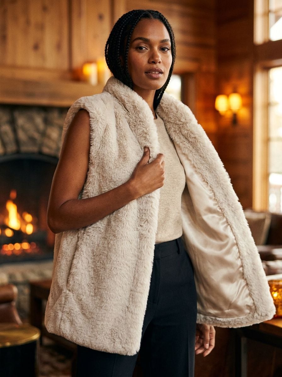 Catherine Malandrino Womens Beige Faux Fur Vest Size M 2