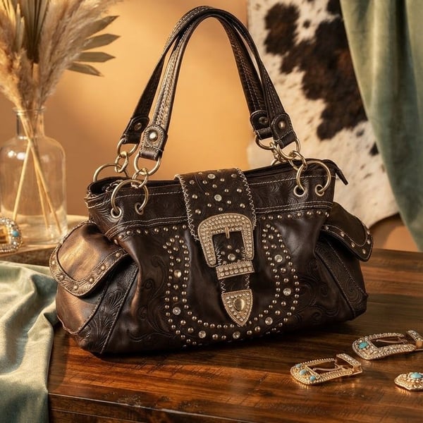 Western Tooled Floral Black Faux Leather Rhinestone Buckle Handbag Purse Y2K