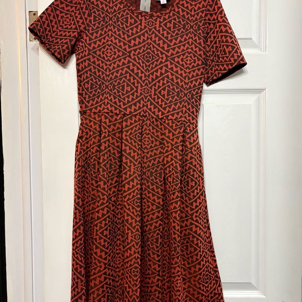 LuLaRoe Amelia Pleated Dress Burnt Orange Black Geometric Aztec Jacquard Size M