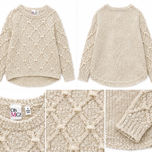 Oh MG! Women's Cream Textured Diamond Cable Knit Sweater Size M