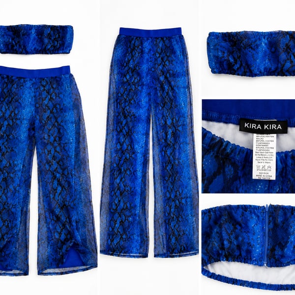 KIRA KIRA Blue & Black Snakeskin Print 2-Piece Set – Bandeau Top & Wide-Leg Pants