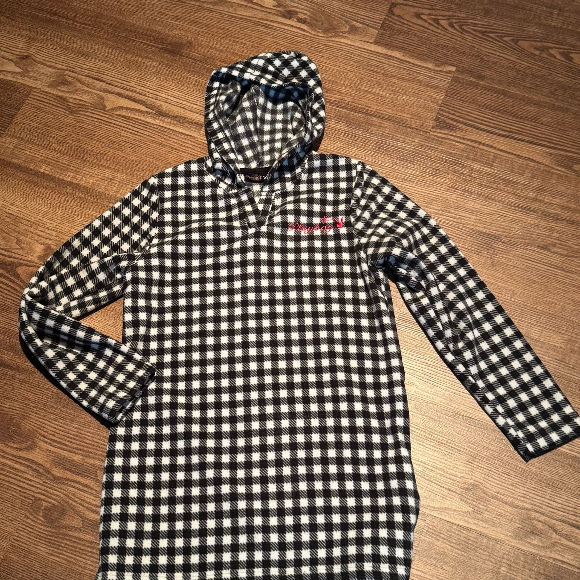 Playboy Sport Women’s M Hooded Pullover Black White Gingham Check Bunny Y2K 3