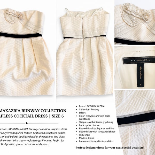 BCBGMAXAZRIA Runway Collection Strapless Quilted Cocktail Dress Ivory Size 4