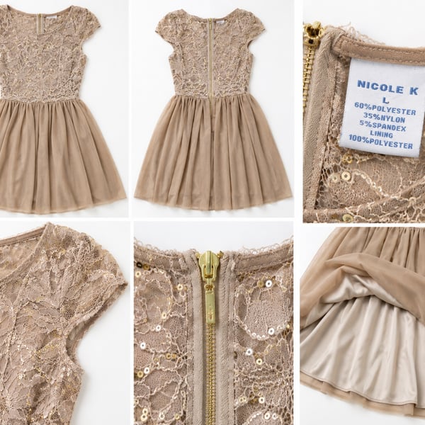 Nicole K Beige Lace Sequin Tulle Cap Sleeve Fit and Flare Dress Size L