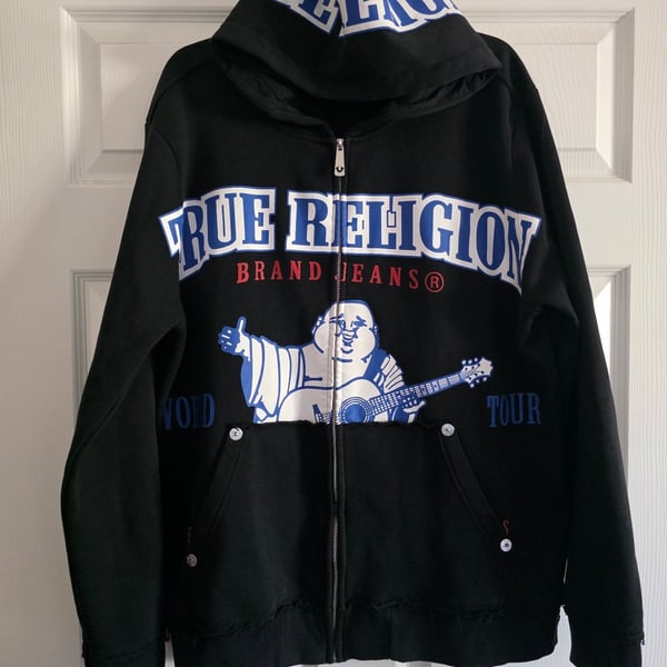 True Religion Black Exaggerated Buddha Zip Up Hoodie Streetwear Men’s Size XL