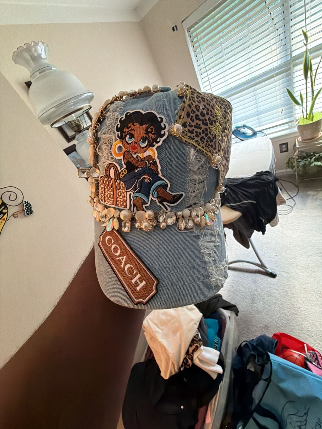 Custom Embellished Distressed Denim Baseball Cap with Betty Boop and Coach Accents 2