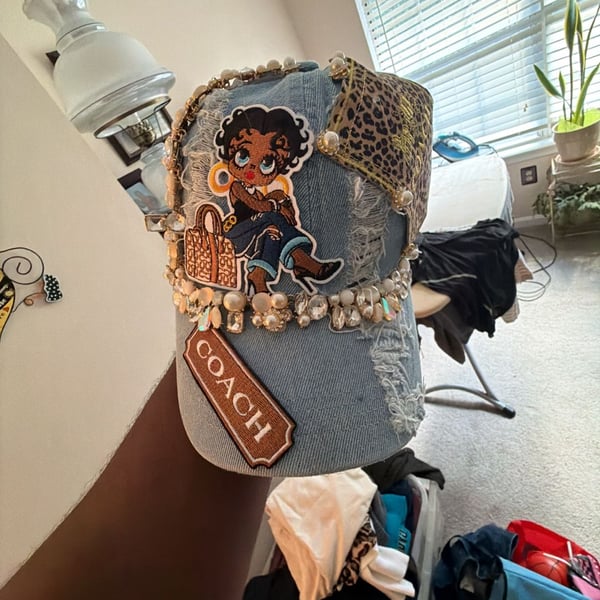 Custom Embellished Distressed Denim Baseball Cap with Betty Boop and Coach Accents