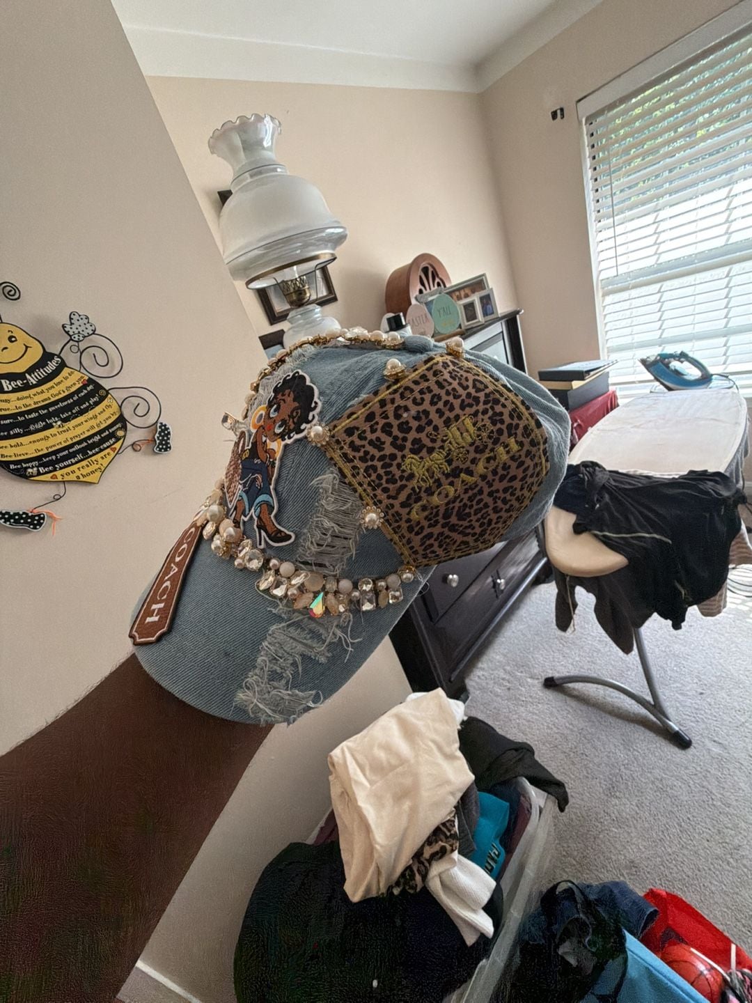 Custom Embellished Distressed Denim Baseball Cap with Betty Boop and Coach Accents 5