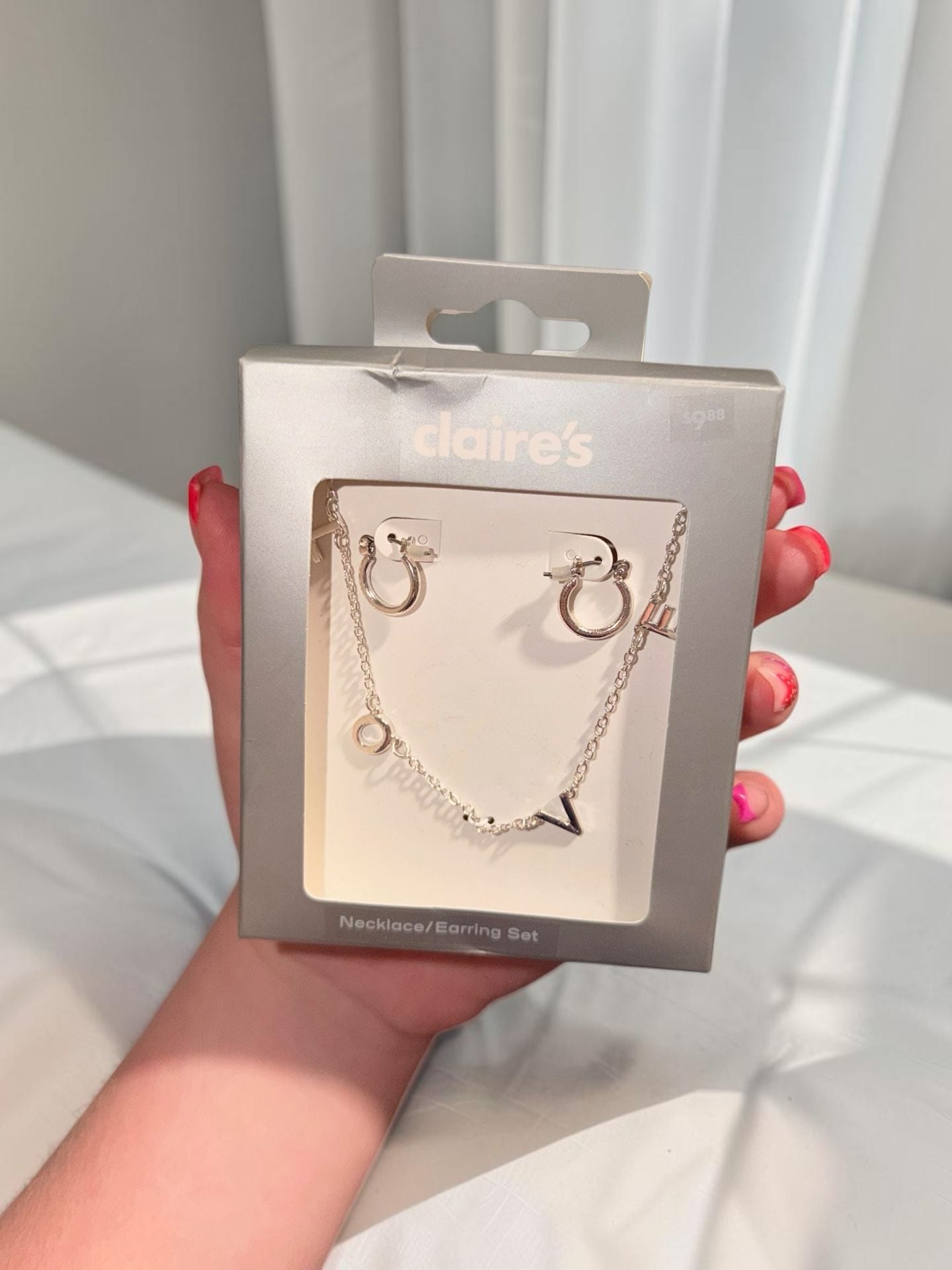 Claire's Silver Tone 'LOVE' Necklace and Hoop Earring Set 1
