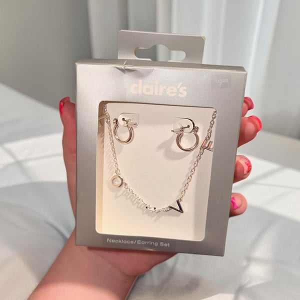 Claire's Silver Tone 'LOVE' Necklace and Hoop Earring Set