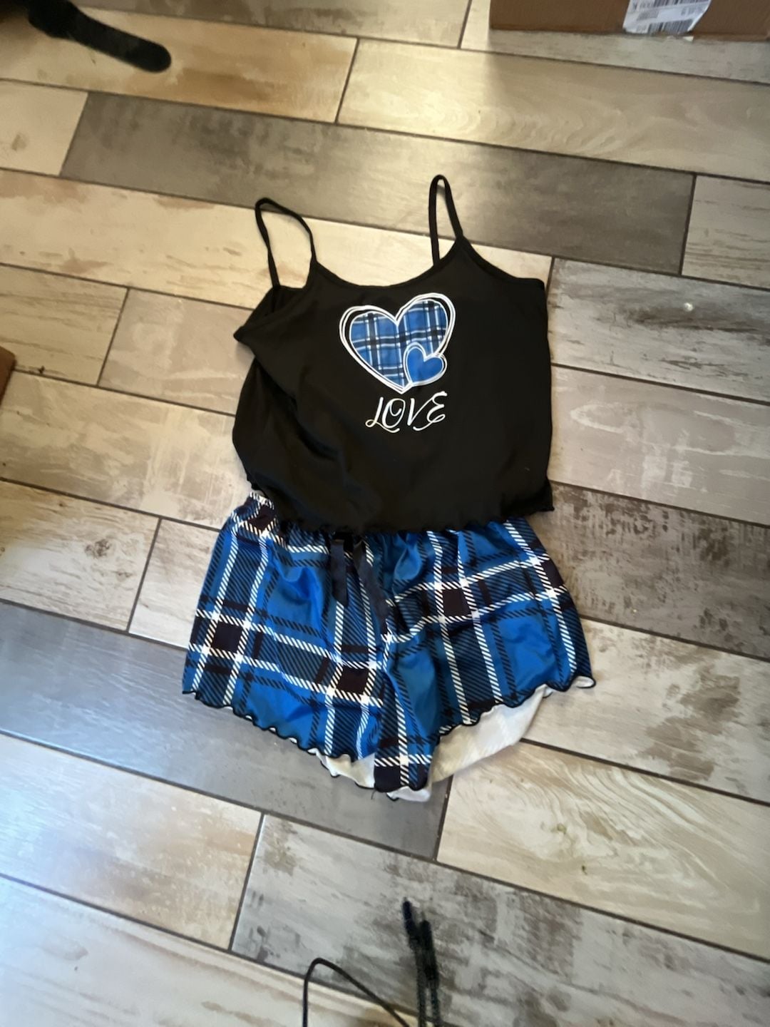 SHEIN Plaid Heart Letter Print Ruffle Trim Cami Top and Shorts Pajama Set Size L 1