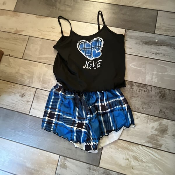 SHEIN Plaid Heart Letter Print Ruffle Trim Cami Top and Shorts Pajama Set Size L